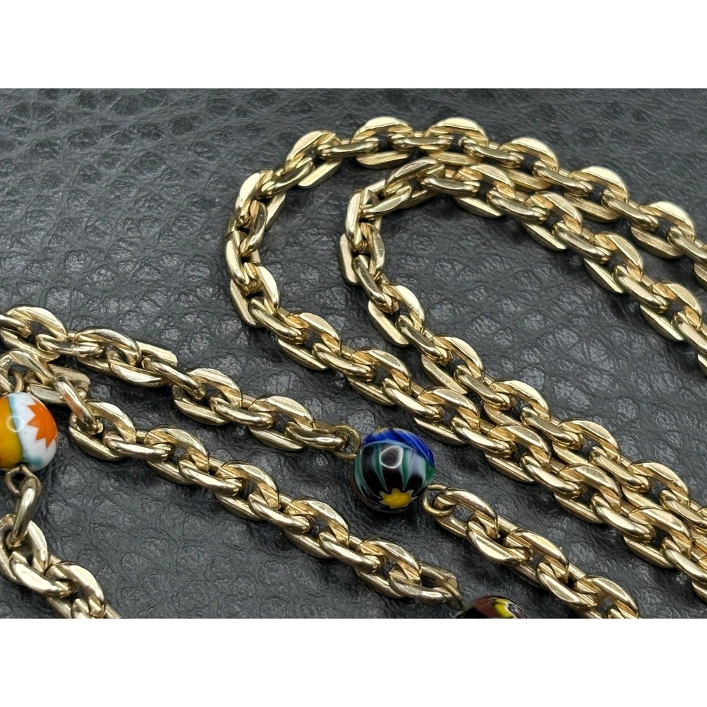 Vintage Millefiori Murano Large Pendant Necklace Gold Tone Chain 28" Long - Picture 9 of 12